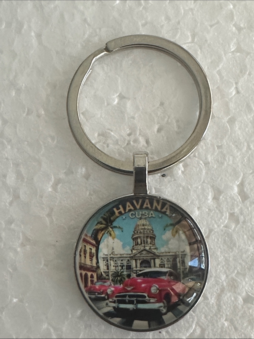 Havana Cuba Vintage Car Glass Keychain - Silver Tone